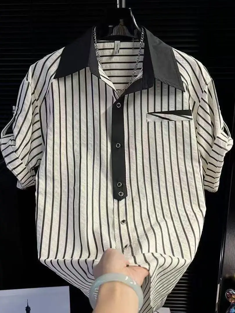 

Summer New Men's Casual Stripe Patchwork Short Sleeve Shirt Color Block Collar Fashionable Breathable Standard Fit Upper Body