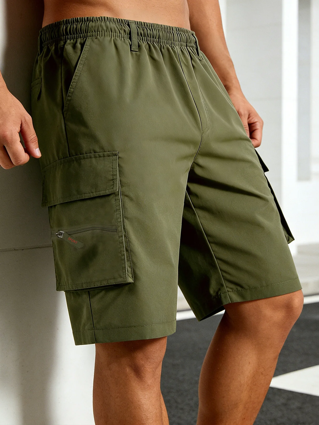 Gerade geschnittene Cargo-Shorts für Herren, leicht, atmungsaktiv, einfarbig, Kordelzug an der Taille mit Reißverschlusstaschen, lässige Sommer-Shorts – Detail 8