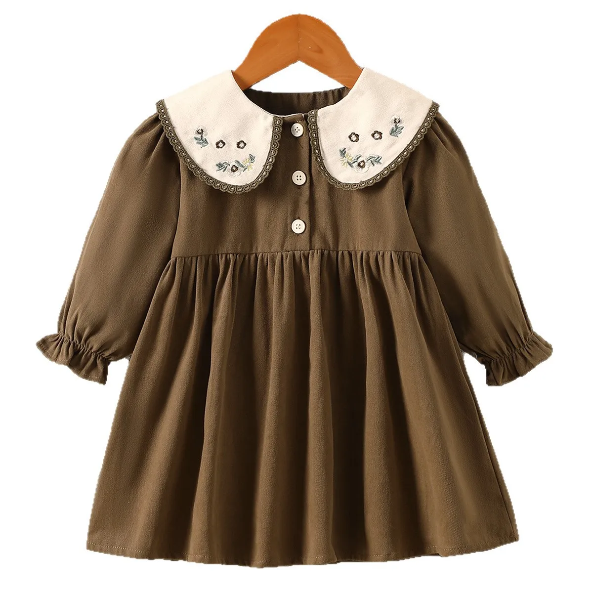 Korean Style Girls Long Sleeve Dress cotton Peter Collar Floral Embroidery Princess Dress for Little Middle Kids Spring Autumn