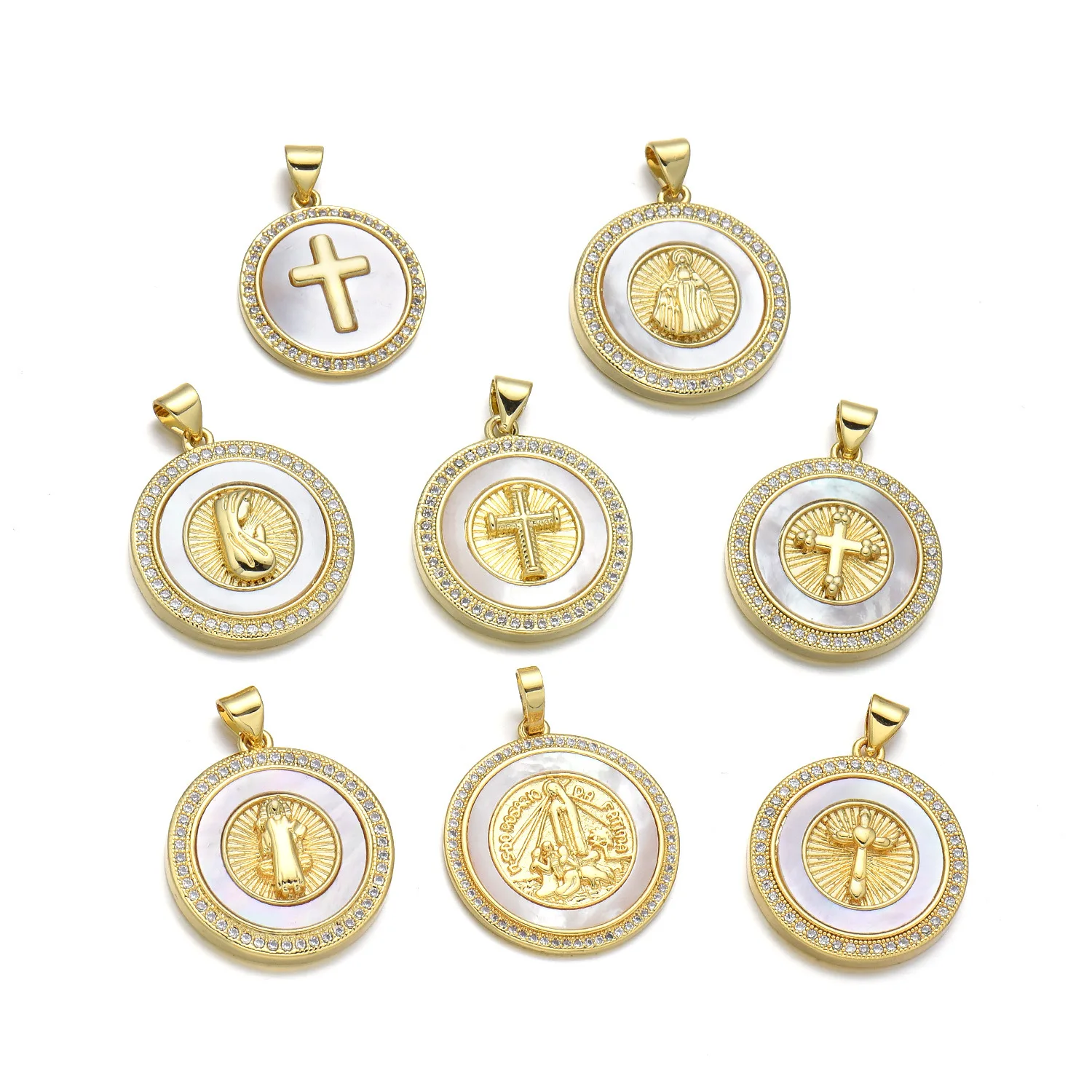 5pcs European and American Virgin Mary Cross Zircon White Shell Pendant DIY Bracelet Necklace Jewelry Making Material Wholesale