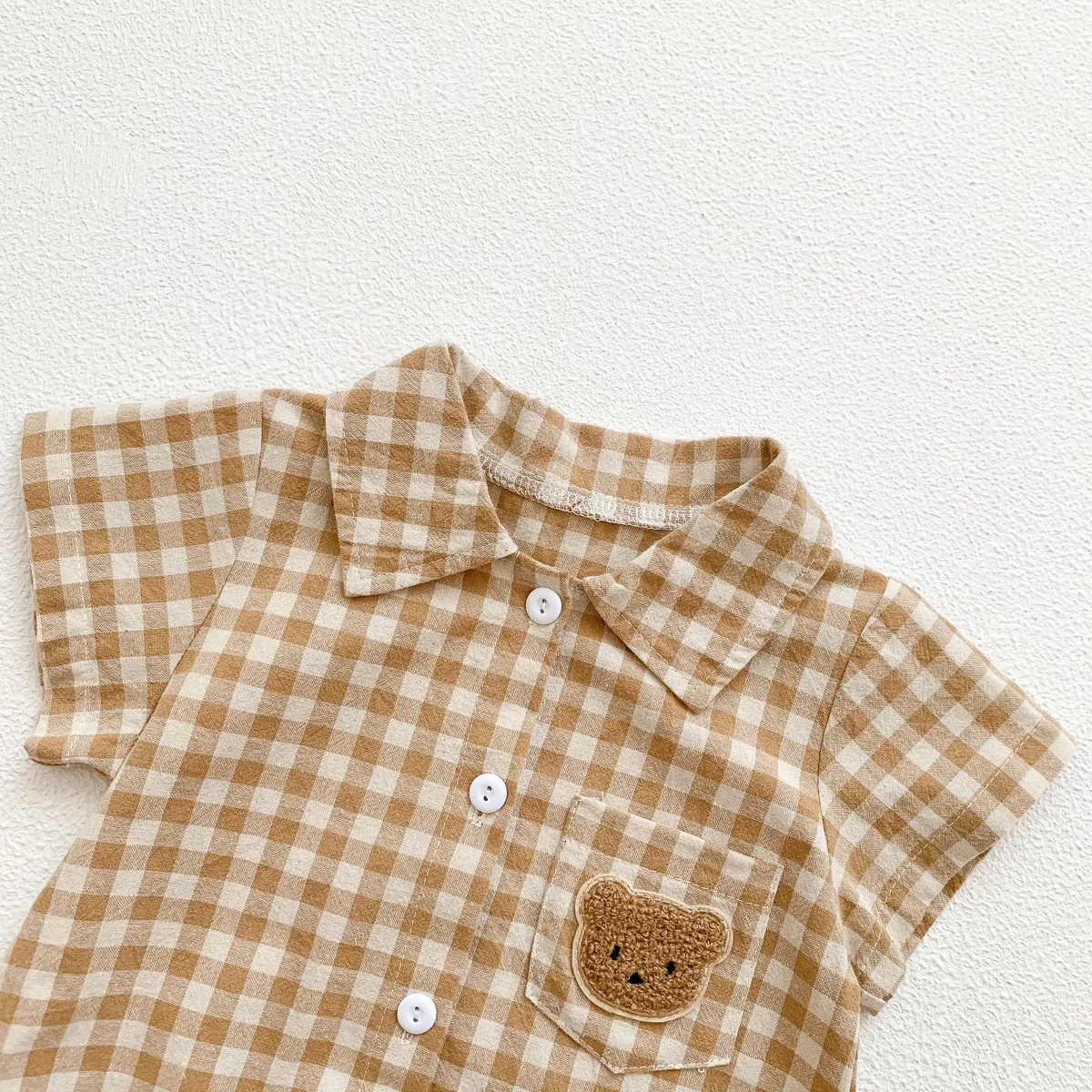 Cute jumpsuits kids Baby Clothing BodySuits Summer Short Sleeve Plaid Embroidery Bear Outfits Infant Kids Handsome Boy Suit