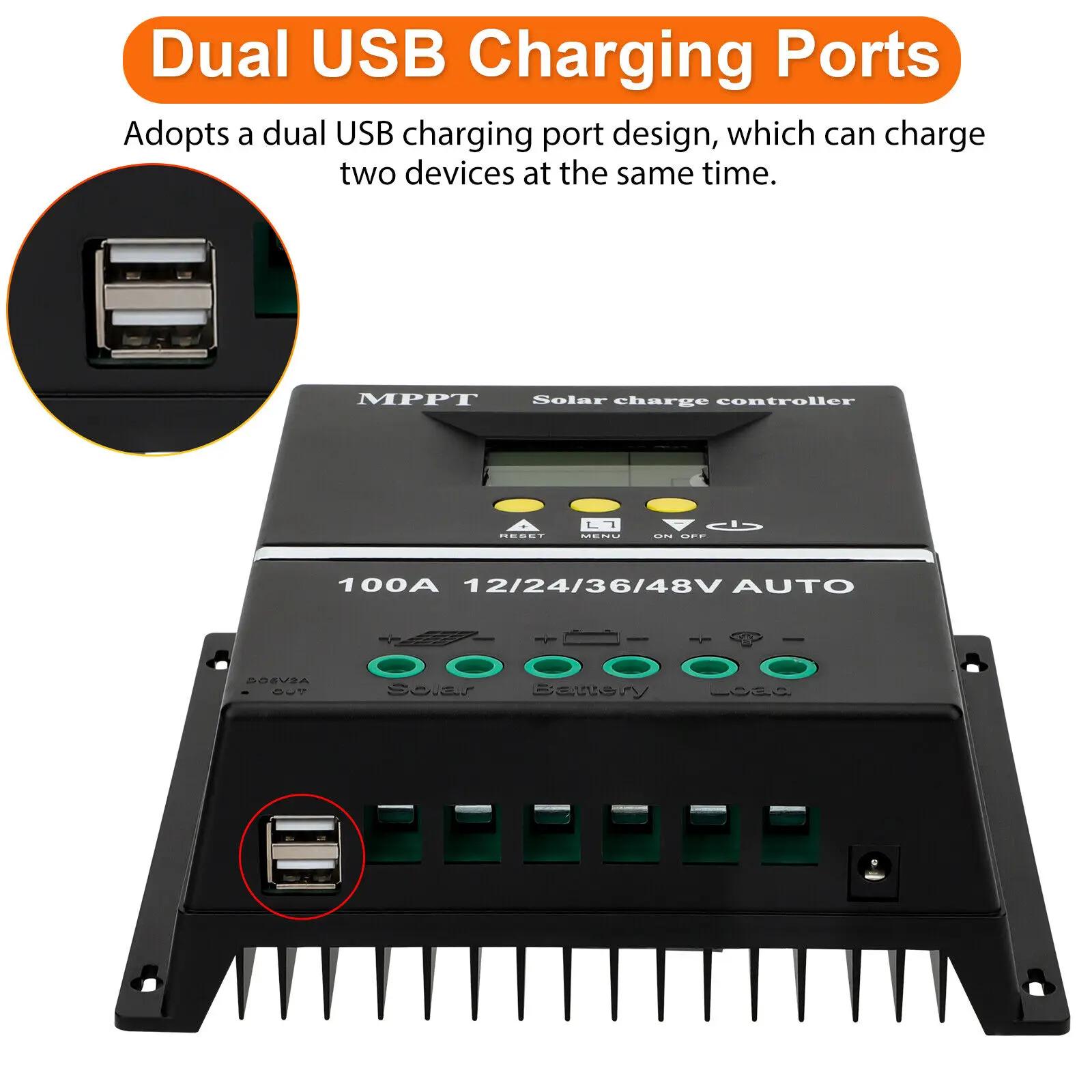 MPPT Solar Charge Controller 100A LCD Dual USB 12V/24V/36V/48V Auto Controller Solar PV Regulador for Lead Acid Lithium Battery