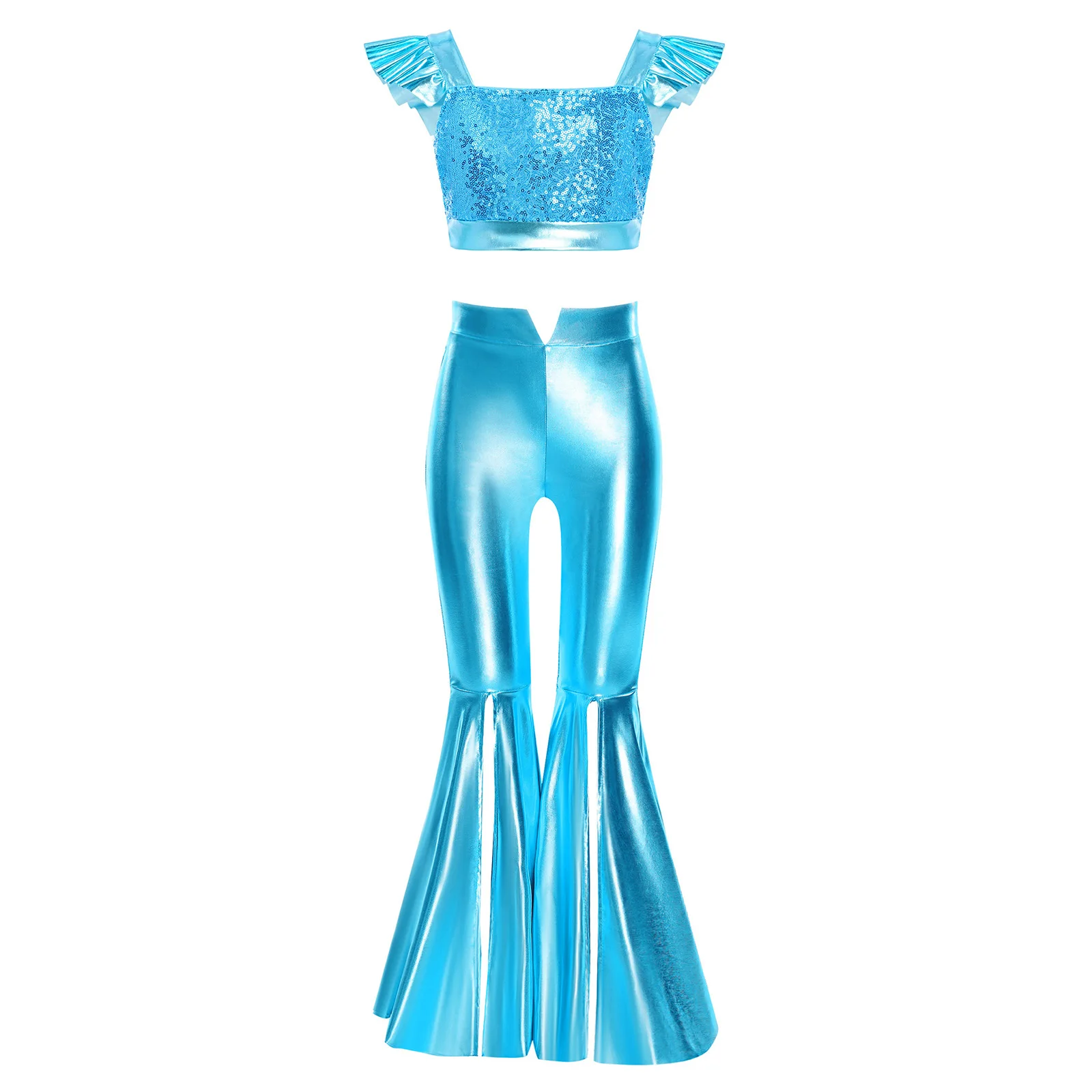 Kids Girls 70s Disco Jazz Dance Outfit Sparkly Sequin Metallic Crop Top with Split Bell-bottom Pants Stage Performance Costume