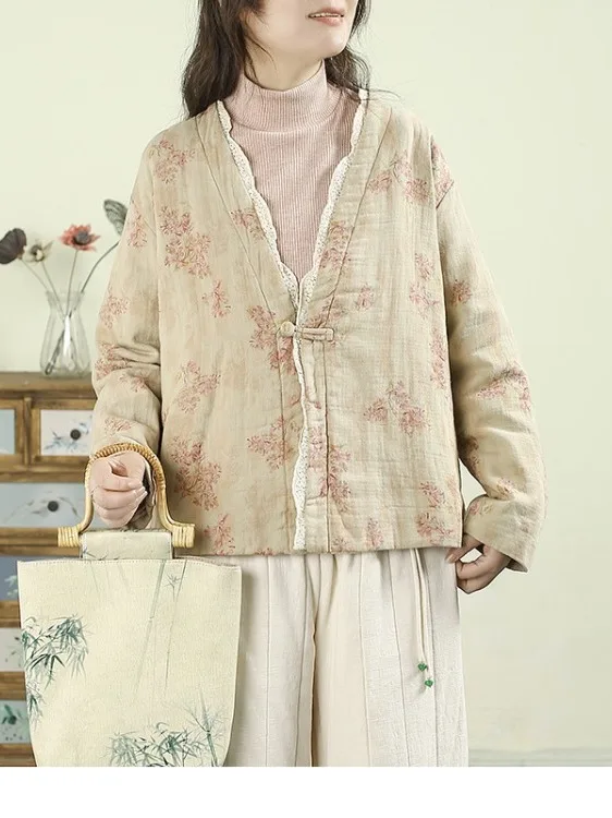 

Retro Chinese Sle Lace Trim Cotton Jaet Women's Loose plus Size Warmth Outerwear Long Sve V-Ne Single Button Closure