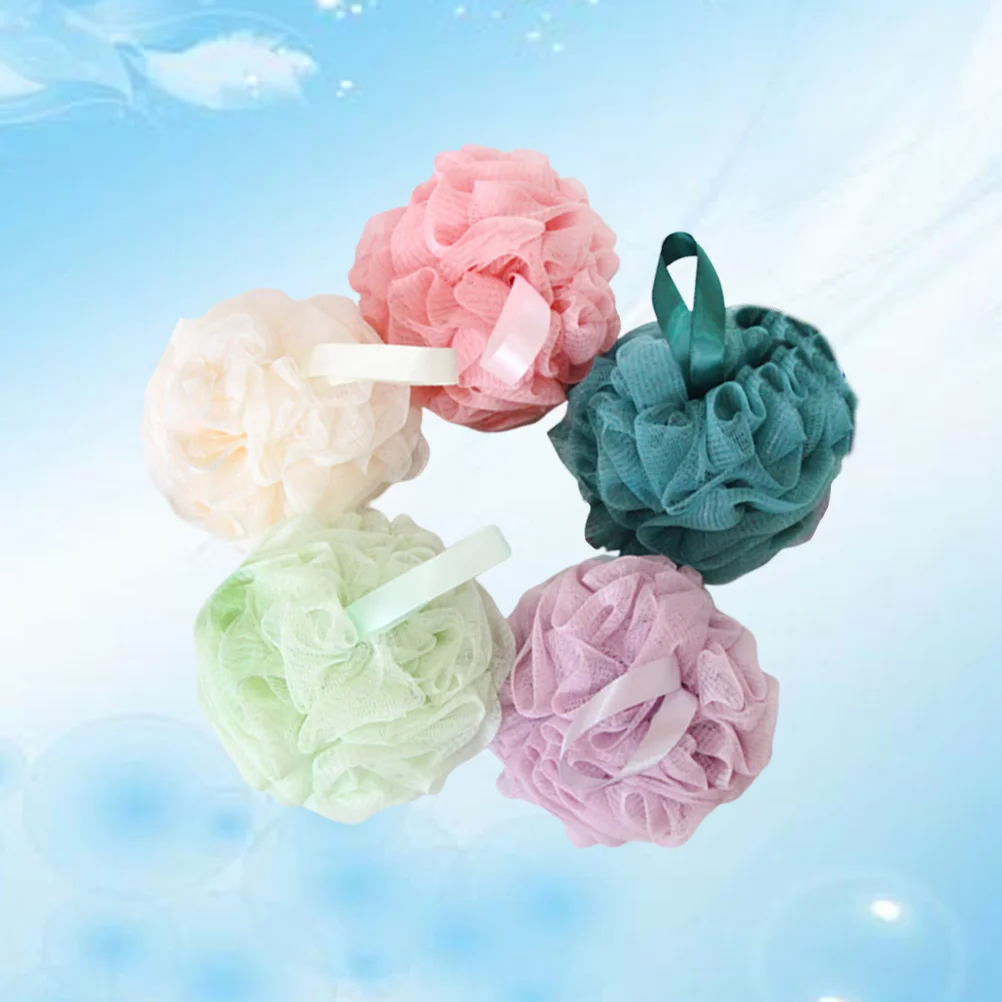 

5Pcs Bath Ball Bath Bubble Net Bath Sponge Portable Bath Flower Bathing Accessory(Purple Green Blue Pink and Beige)