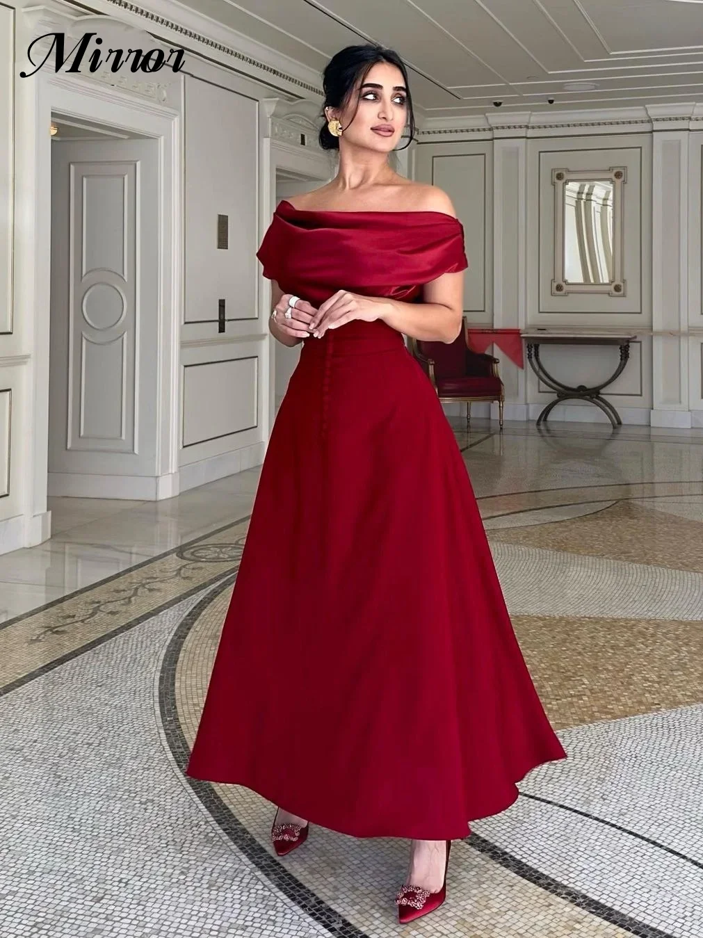 

Mirror Dress Elegant Vintage Simple Red Sexy Button Ruffle A-Line Boat Neck Formal Occasion Prom Dress Evening Party Gowns