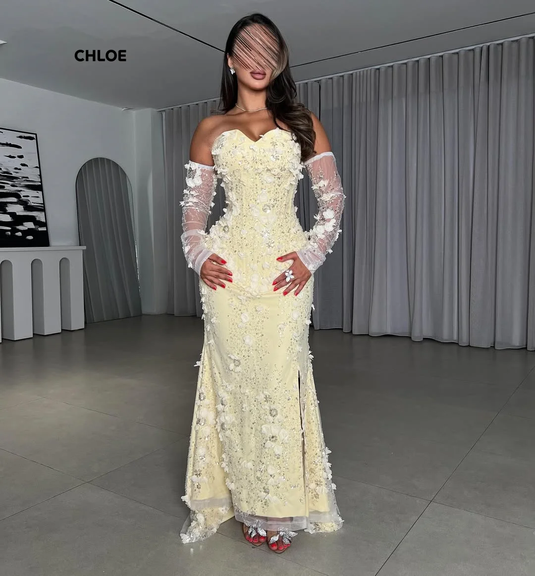 Robes de soirée en dentelle florale femme robes de bal de luxe élégantes 2025 queue de poisson jaune robe de bal pour femmes manches longues personnalisées
