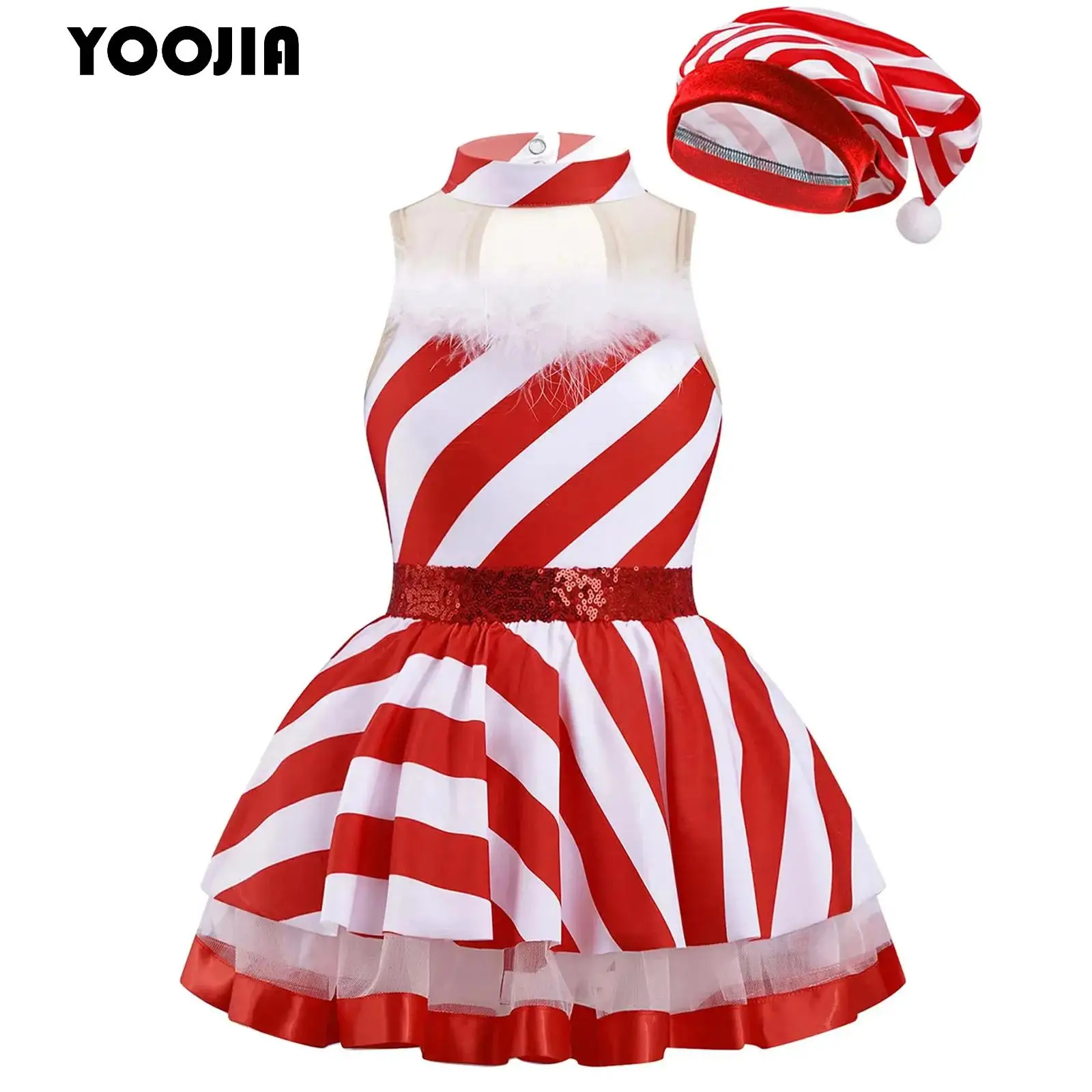 

Kids Girls Sequins Candy Cane Striped Ballet Tutu Dance Dress Figure Skating Leotard Dress Christmas Party Costume with Hat Set