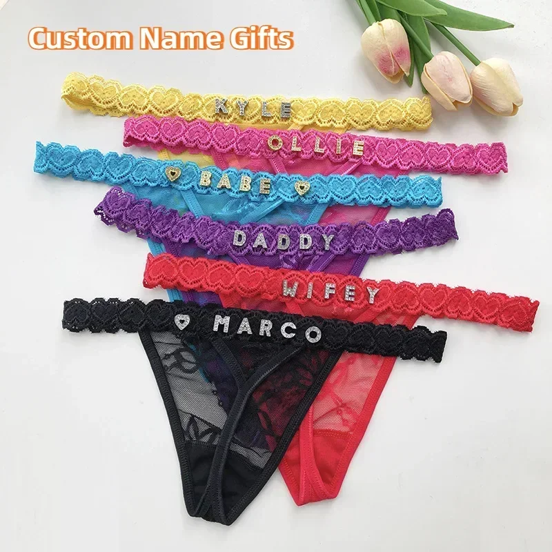 Custom Personalized Crystal Letters Name Thong Hot Wife Lover Gift Sexy Lace T-shaped Underwear Tanga Panties for Women G-String