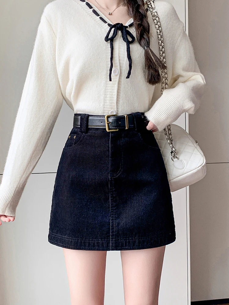 2025 Winter Corduroy Mini Skirt Women Vintage High Waist Wrap A-Line Skirts With Shorts Belt Streetwear Khaki Brown Black Faldas