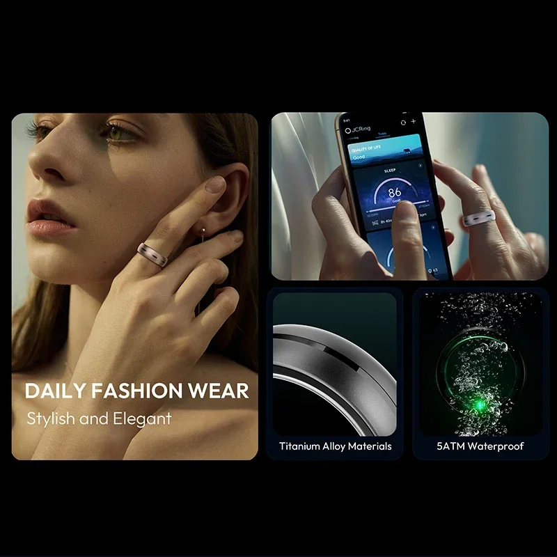 JCRing X1A Silver Titanium Smart Ring Wireless Charging Case AI Health Tracker App