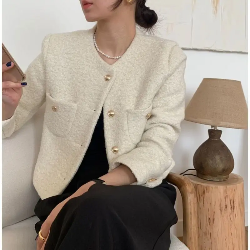 

Korean Sle Woolen Coat Autumn Winter New Arrival Ele Commute Small Fraance Sle Pure Color Open Cardigan Outerwear