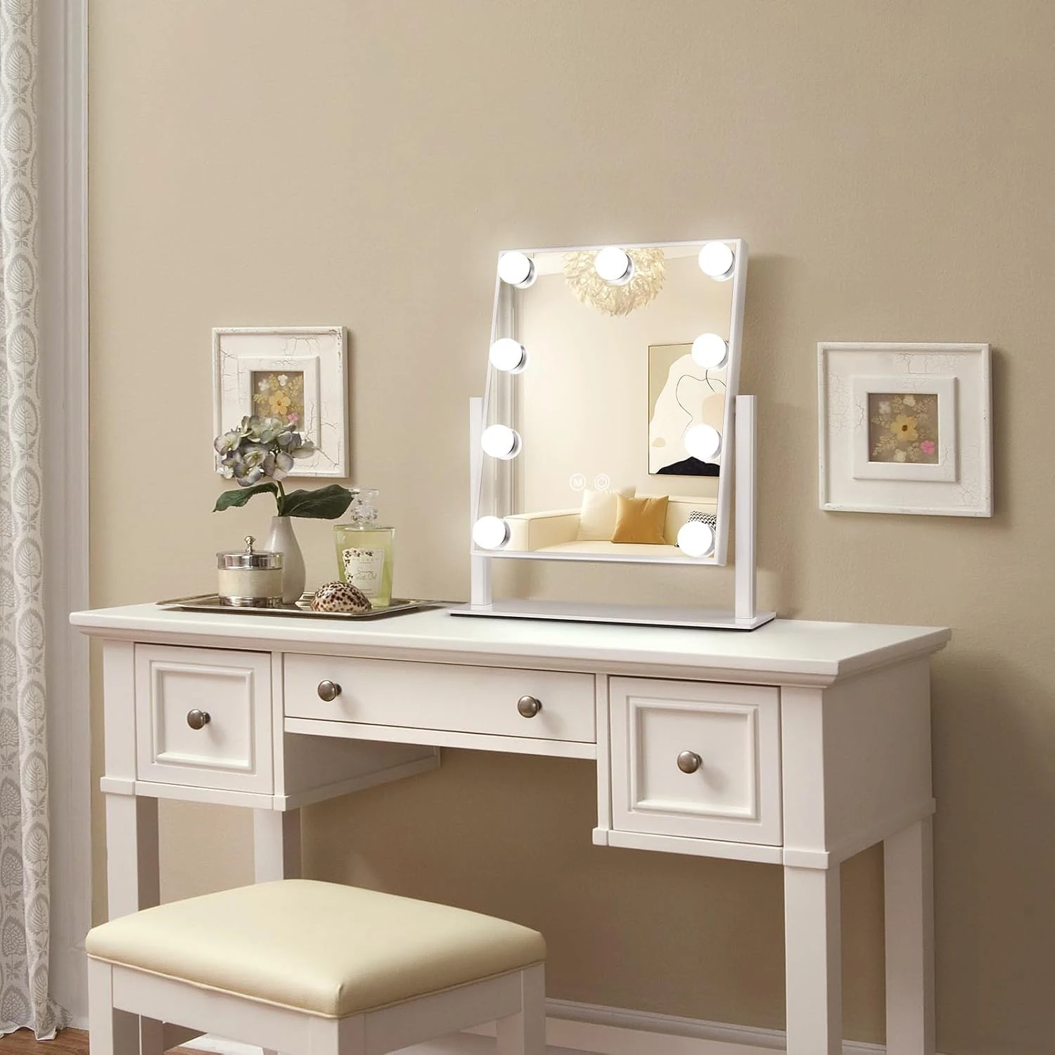 Espelho de maquiagem de vaidade com luzes - 9/12 lâmpadas LED, controle de toque, luz de 3 cores, 360 °   Rotação, espelho de vaidade iluminado