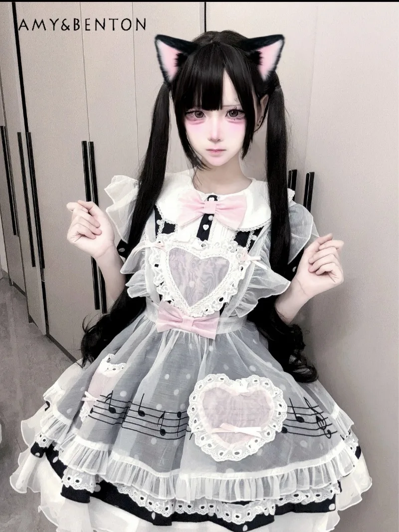

Sweetheart Kawaii Maid Cosplay Set Cute Polka Dot Print Doll Collar Bow Slim Short Sleeve Mini Dress Mesh Jacket Two-Piece Set