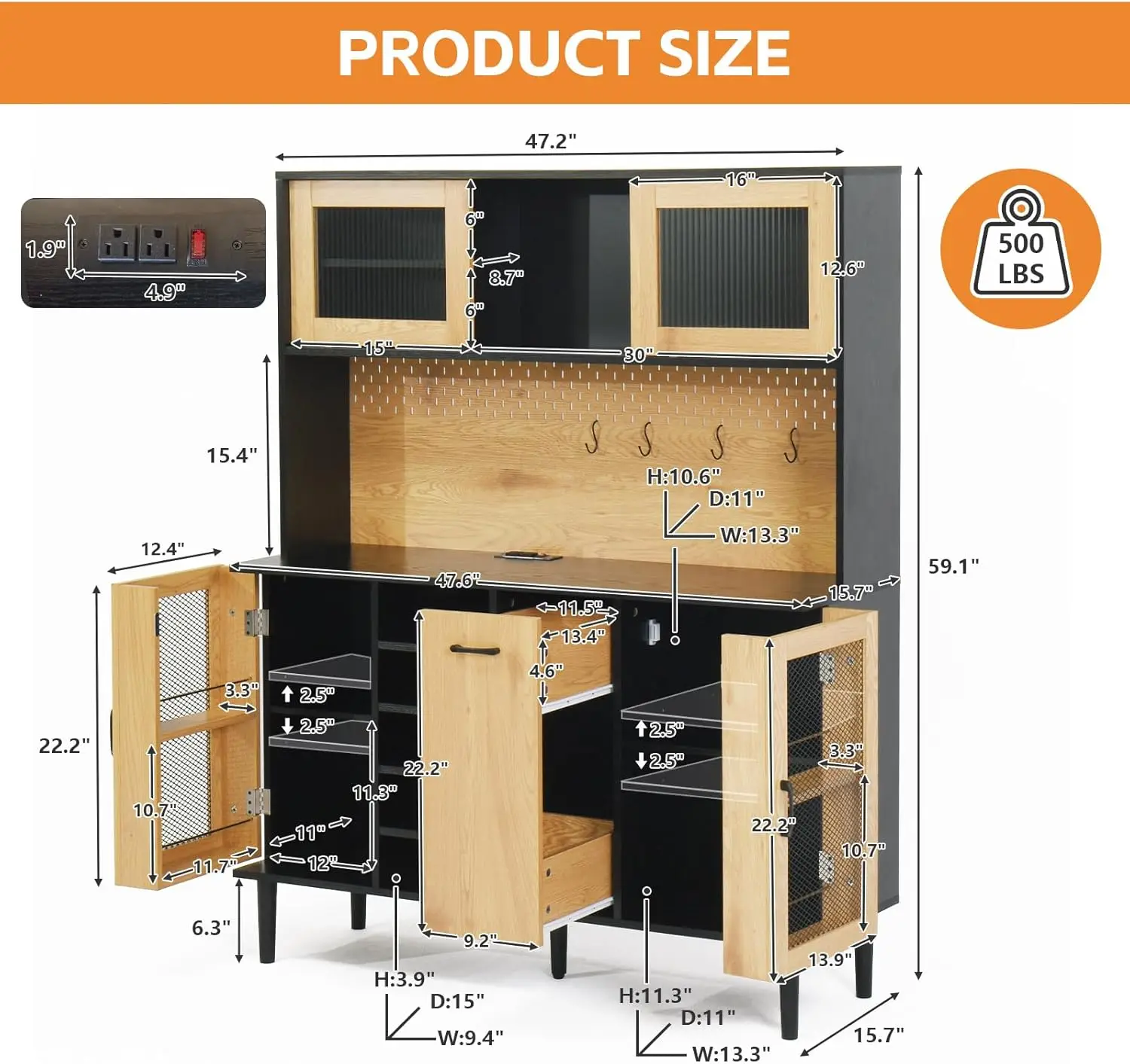 Kitchen Pantry Cabinet With Power Outlet,Sideboard Buffet Cabinet With Door And Drawer,Kitchen Storage Cabinet,Coffee Bar