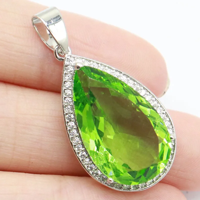 37x18mm Prevent Allergy Big Drop Shape Green Tsavorite Garnet Golden Citrine Pink Morganite CZ Engagement Silver Pendant