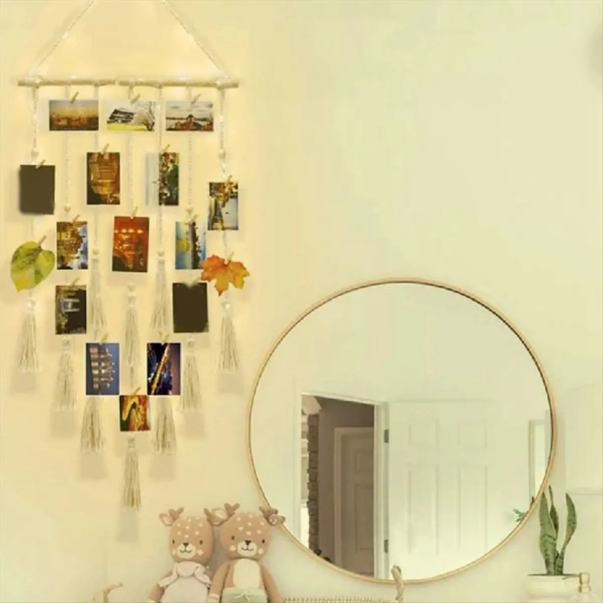 Abjs parede pendurado imagem display macrame com luz de fada e clipe boho tecido foto colagem quadro borlas bege