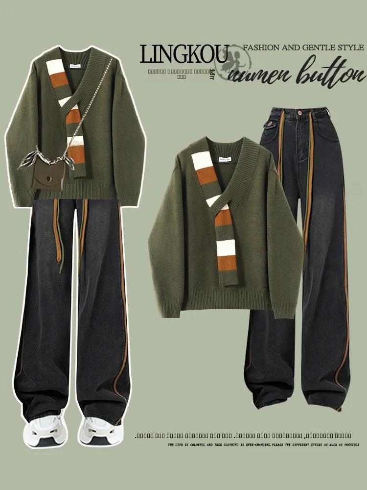 

Женский большой размер, весенне-осенний джинсовый трикотаж, свитер, широкие брюки, комплект из двух предметов, повседневный ансамбль Faion