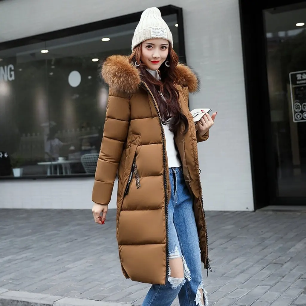 

Women's Long Cotton-Padded Jacket with Hood And Large Fur Collar Autumn Winter New Style Young Women's Fashion Outerwear