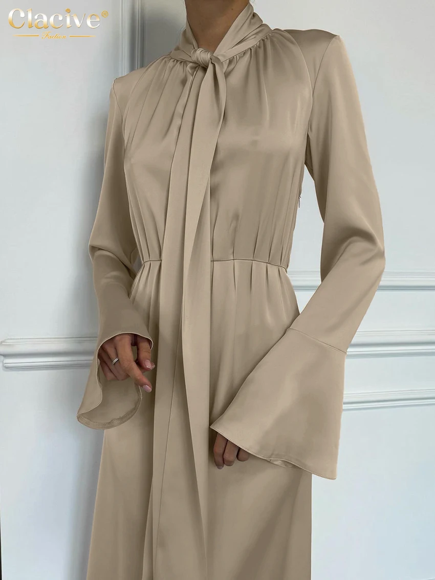 

Clacive Fashion Loose Khaki Satin Women's Dress Spring Bow Collar Long Sleeve Ankle Length Dresses Elegant Lace-Up Female Dress