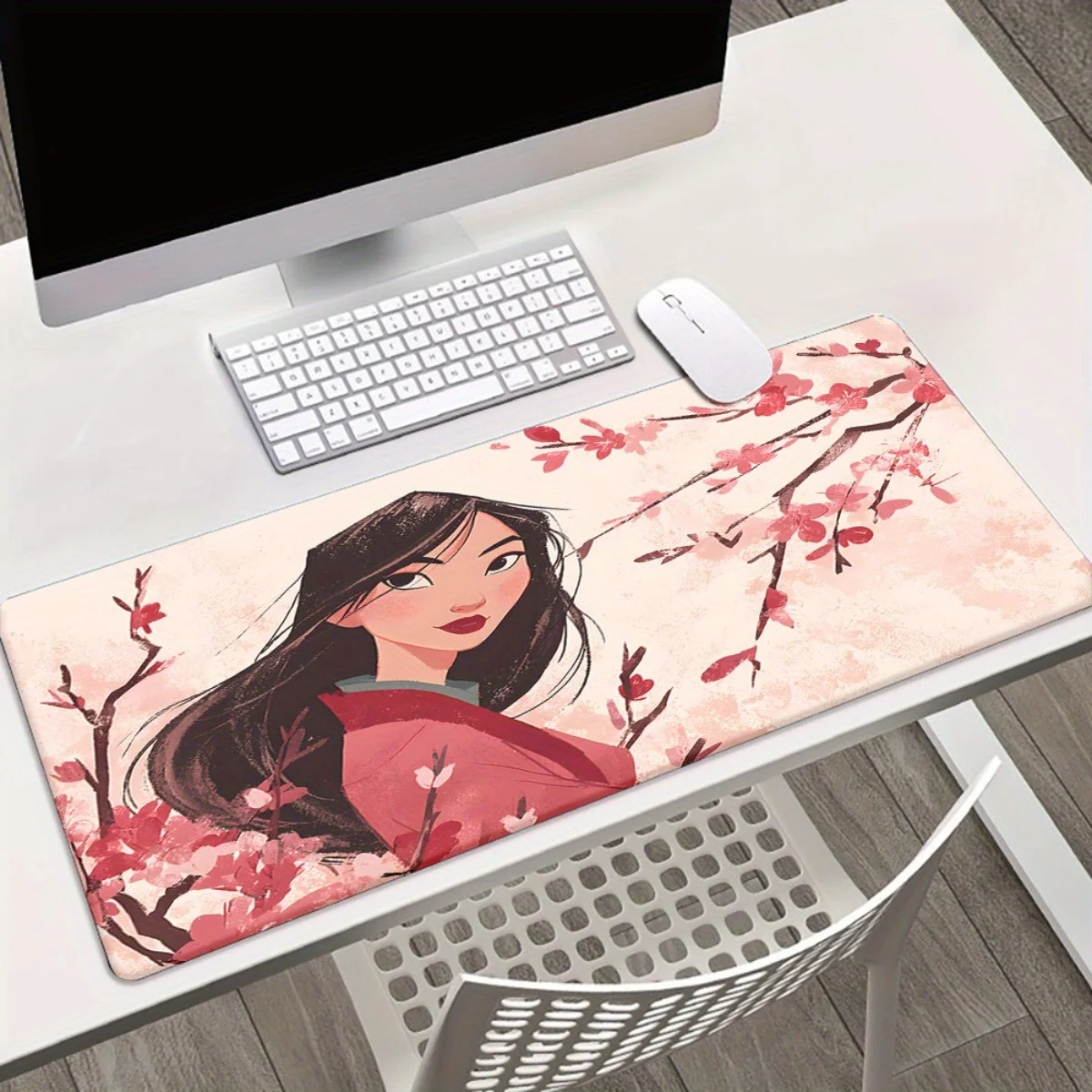 قطعة واحدة من وسادة ماوس ديزني مولان الكبيرة مقاس XXL وحصيرة مكتب - قاعدة مطاطية غير قابلة للانزلاق، مولان في الزي الصيني التقليدي مع زهر الكرز #3