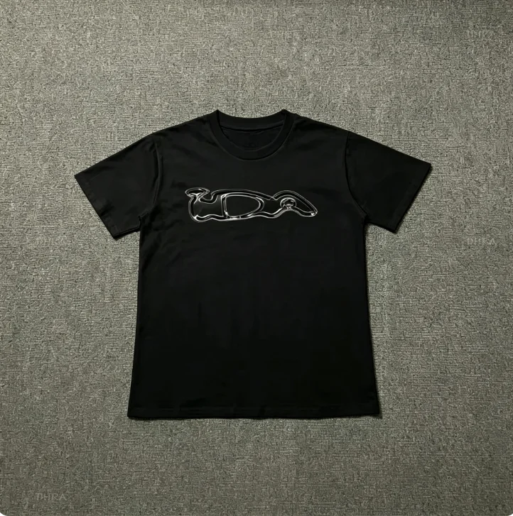 2026Men Liquid Metal Distorted Letter Graphic T Shirt Chrome Effect Streetwear Crewneck Tee