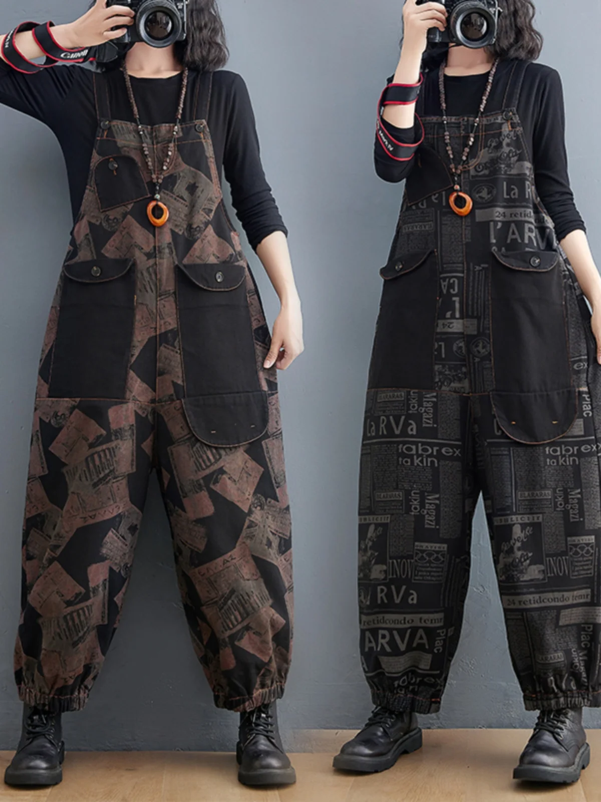 

Faionable Large Size Loose Floral Print Overalls Slimming Vintage Sle Denim Covering Hip Trendy High Waist Long Pants