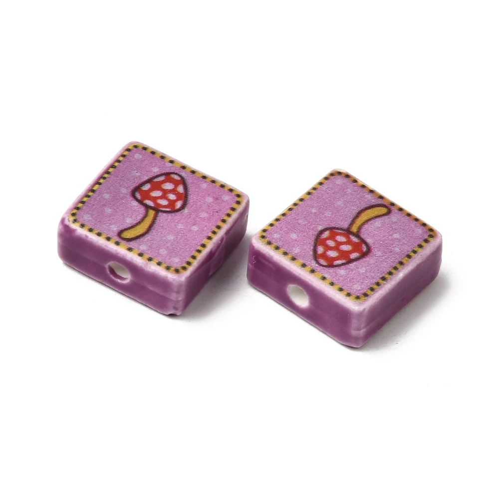 KitBeads 20pcs Handmade Mushroom Print Square Lampwork Beads Purple Cute Pattern Loose Spacer Beads for DIY Bracelets Necklaces