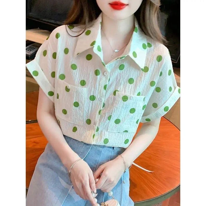 Summer Woman Clothes Green Polka Dot Polo-neck Short Sleeve Shirt Chiffon Simplicity Elegant Fashion Temperament Korean Style