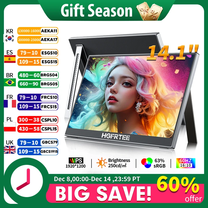 

HGFRTEE 14.1" Portable Monitor 1200P Full HD Second Screen for Laptop with Stand And USB-C Connectivity For PS5 Xbox Switch