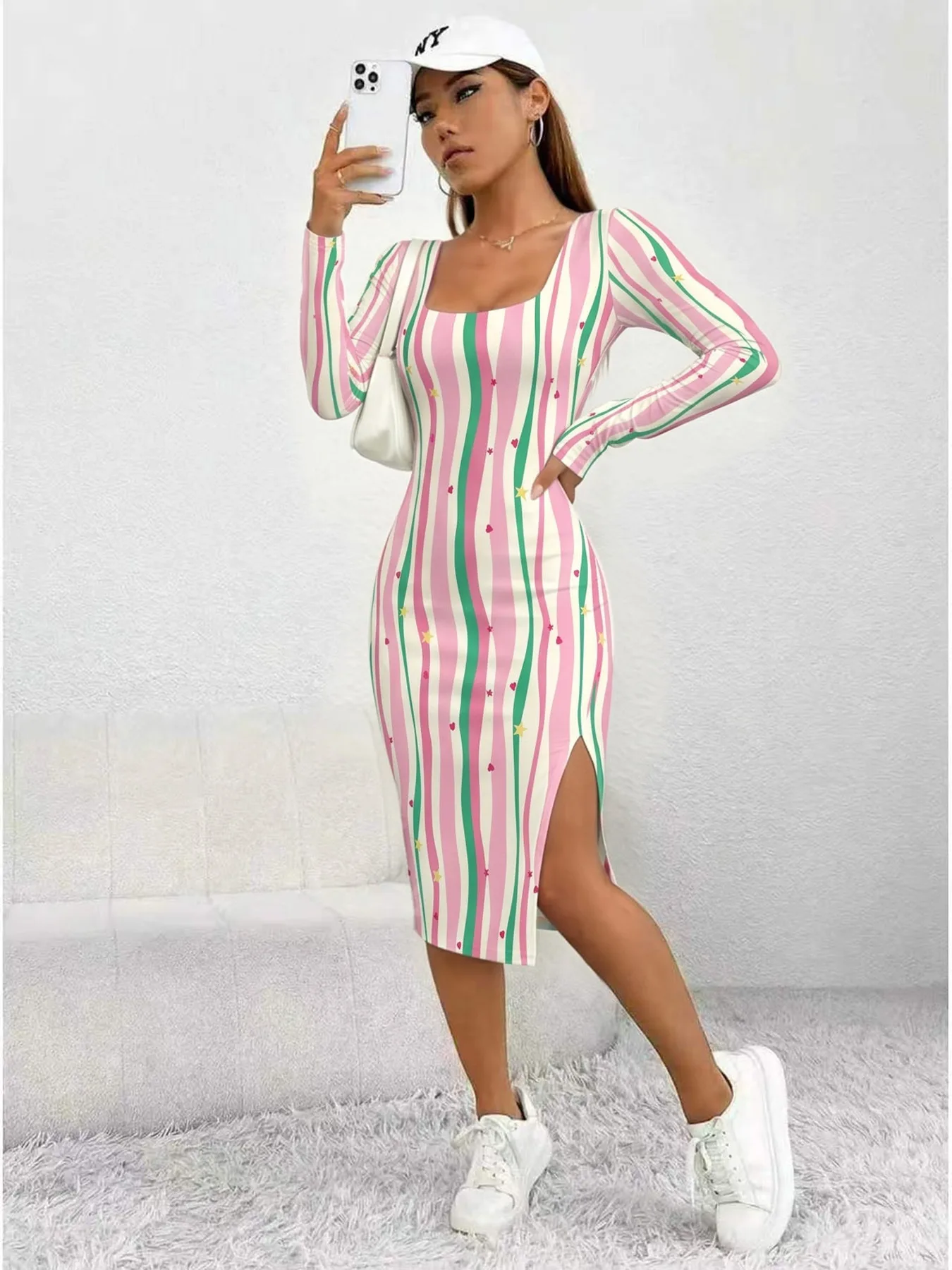 Women's Casual Striped Color-Block Dress Square Neck Long Sleeve Waist Cinched Maxi Skirt with Slit Comfortable Long Skirt