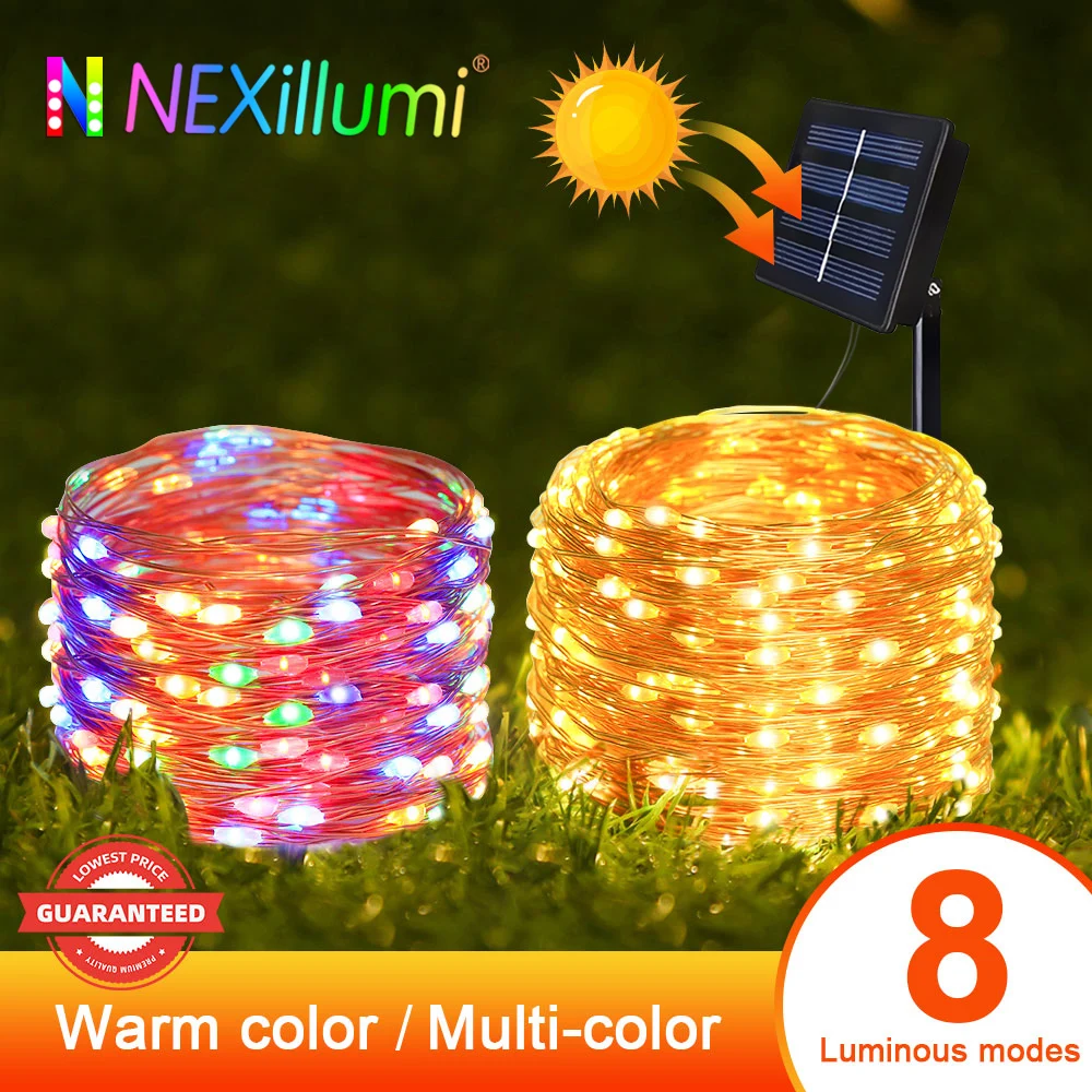 Outdoor LED Solar Fairy String Lights, 300/200/100/50 LEDs Copper Silver Wire Garland, Waterproof 8 Modes for Christmas Wedding