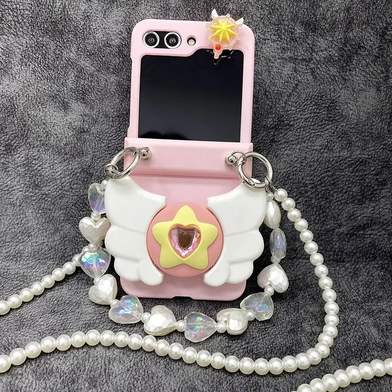 Hot Selling High Quality Wing Bracket Beaded Lanyard Samsung W23 Phone Case for Samsung Galaxy Z Flip 5 4 Drop Protection Cover