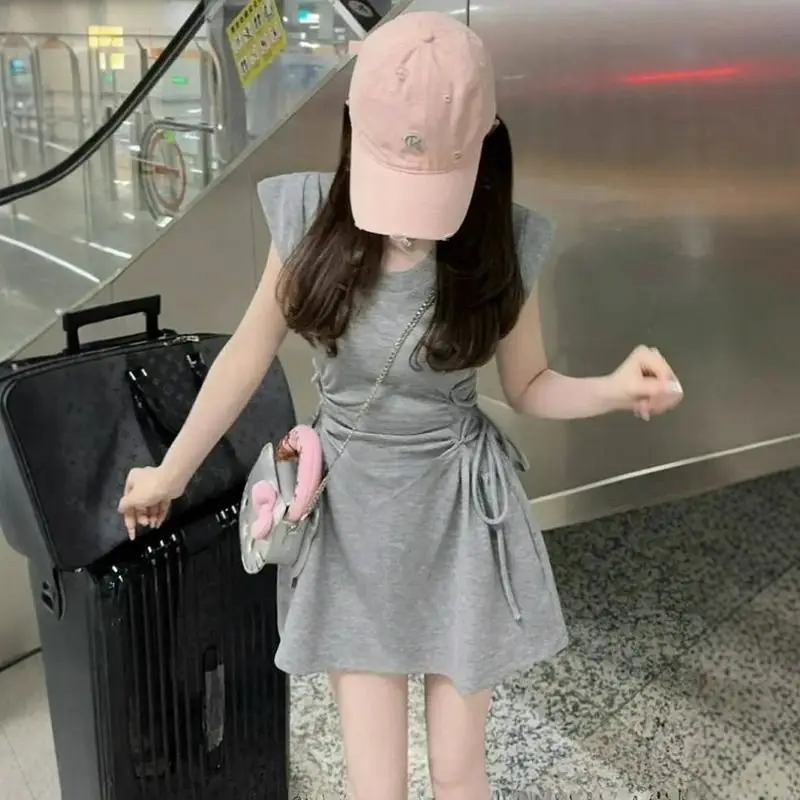 Women Clothing Summer Casual  Fashion Solid Color O-neck Vintage All-match Fashionable Female Shirring Casual Dresses