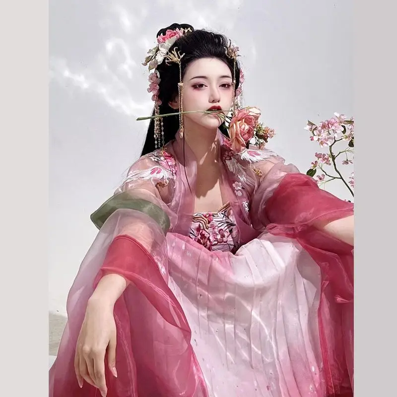 オリジナル韓服赤女性 Kezi スカート大きな袖日常着セットロングドレス中国の伝統的なスカート刺繍唐システム