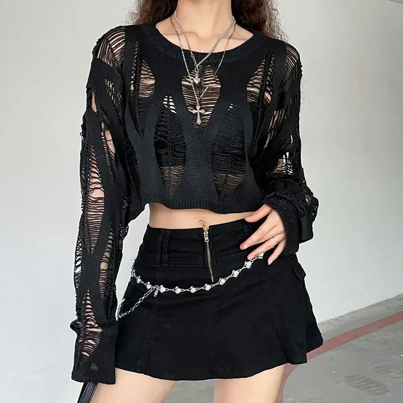 Women's Stylish Hollowed Out Top with High Waist Off Shoulder Fishing Net Gauze Mask Sexy Knitted Sweater for Women