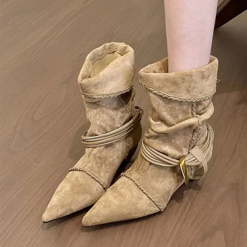 

Design High-end Retro Pleated Pointed Toe Mid-Calf Women's Boots Suede Short Boots Fashionable Autumn Winter Style Rubber Sole
