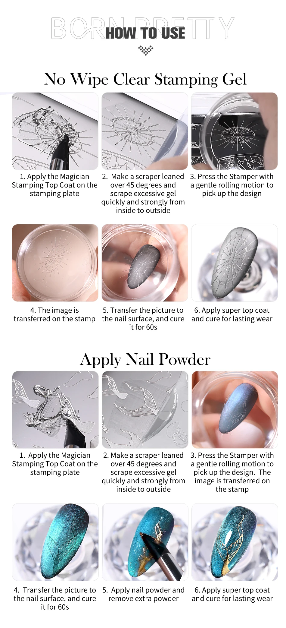 BORN PRETTY 5ml Magician Stamping Top Coat Klar 2-IN-1 No-Wipe Stamping Gel zum Auftragen von Nagelpulvern DIY Maniküre Nagelstempelwerkzeuge – Detail 4