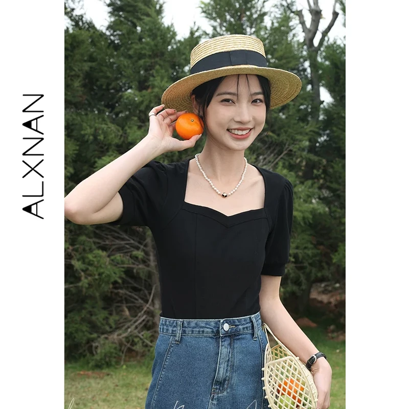 

ALXNAN Black Square Neck T-shirts Women 2026 Summer New Short Sleeve Casual Tees Slim Elegant Puff Sleeve Tops Ladies LXN25309