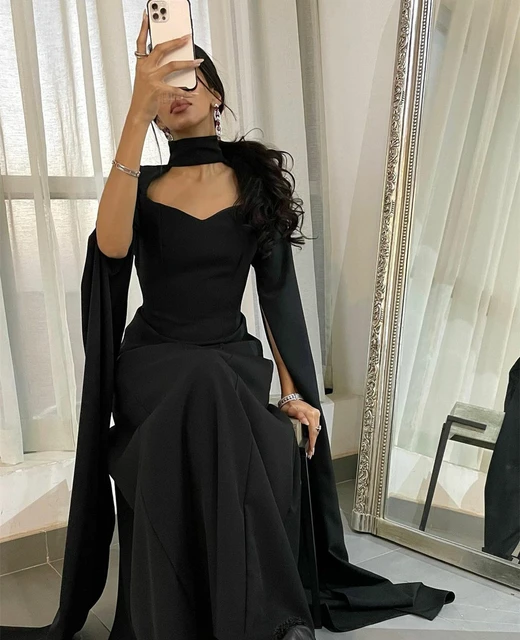 Elegant Long Black Crepe High Neck Evening Dresses Sheath Sweetheart Prom Dress Floor Length for Women