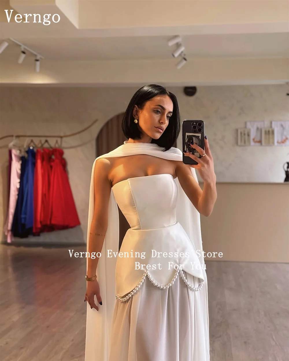 Verngo Elegant Crepe Evening Dress Pearls Strapless A Line Formal Occasion Dresses Women Long Slim Prom Gowns Customized - Image 2