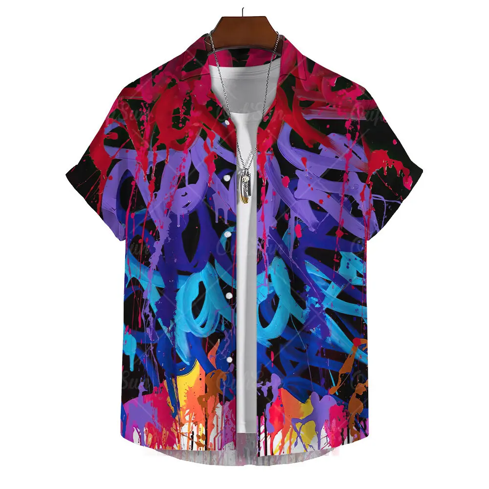 Street Fashion Graffiti Print Men's Casual Short Sleeve Shirt Summer Hawaii Beach Vacation Men's Shirt Oversized Tops