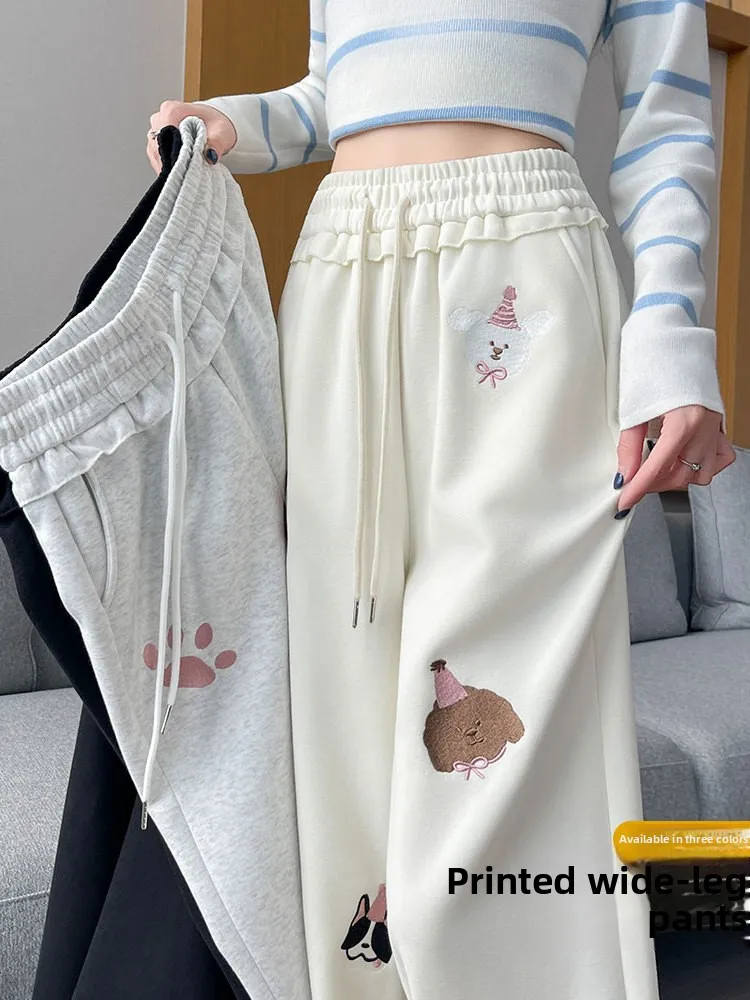 

Женские спортивные брюки с вышивкой Sweet Lazy Dog, осенне-зимние, новые, в корейском стиле, с высокой талией, свободные, повседневные, прямые штаны