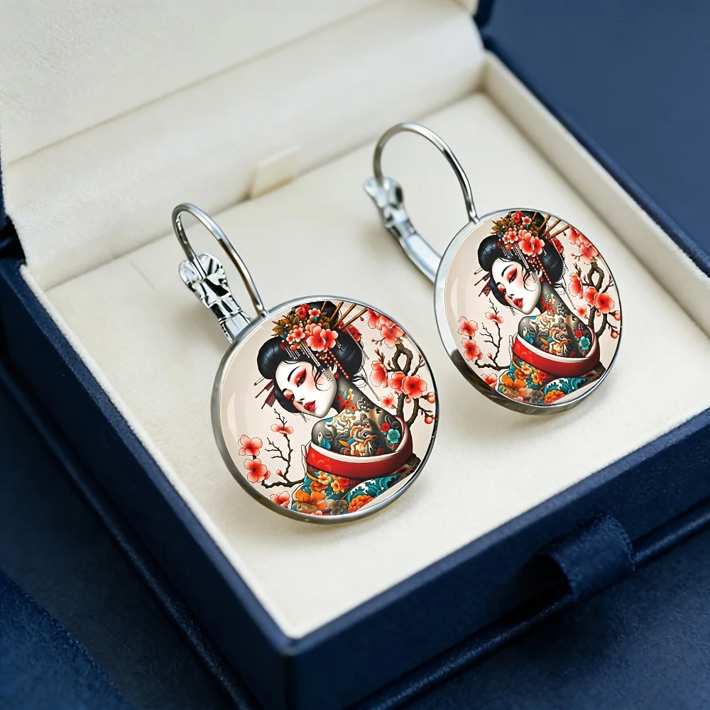 Japanese Geisha Pattern French Earrings, Alloy Material, Glass Inlaid, Women'S Fashion Gifts, Exquisite Earrings Suitable for