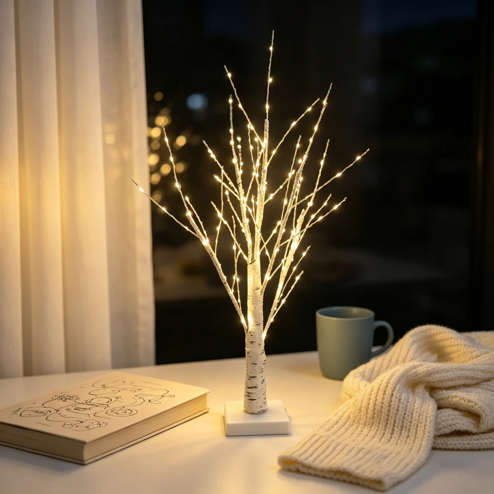 1 Stück 144 LED Birkenbaum-Lichterkette Warmweiß Batteriebetrieben Festliche Dekorative Baumbeleuchtung für Weihnachten Halloween Ostern Geschenk Schlafzimmer-Dekoration