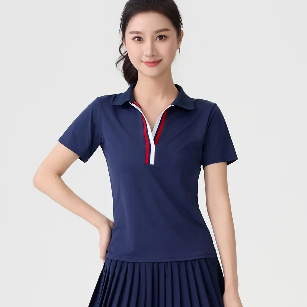 Simple Commuter Style Navy Blue Lapel Short Sleeve Women's Red and White Striped V-Neck Ice Silk Slim Fit Sports Polo Top for Women, Summer Breathable Quick-Dry Short Sleeve Tennis Sports T-Shirt