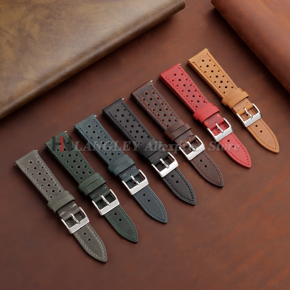 Vintage Racing Leather Watch Strap 18mm 19mm 20mm 21mm 22mm 24mm Handmade Quick Release Strap Brown Breathable Porous Watchbands image 3