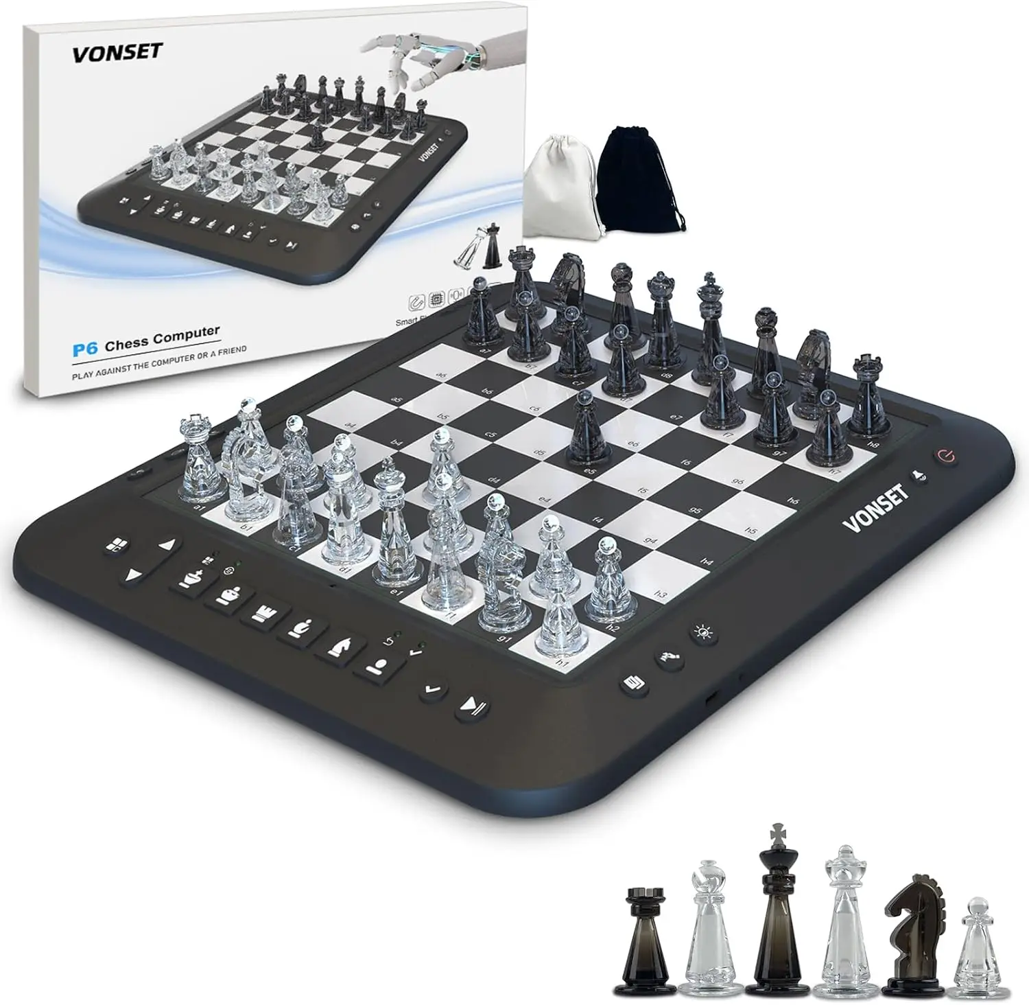 

Electronic Chess Board with AI, Talking Smart Chess Set, Magnetic Pieces, LED Lights for Kids & Adults