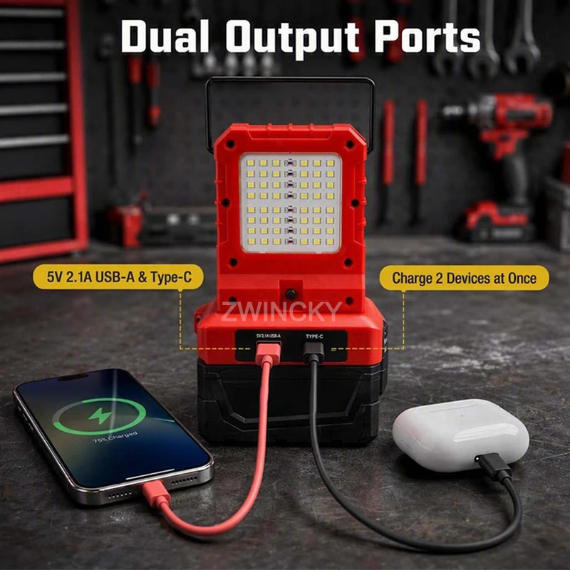 For Makita/Dewal/Milwaukee 18V Li-ion Battery Cordless Double sided LED Work Light With Hook USB Type-C Output Port Camping Lamp