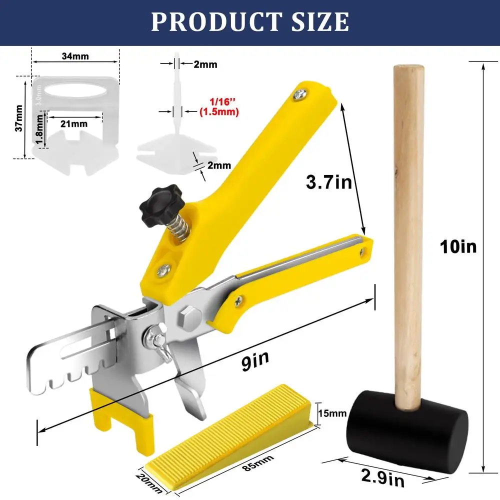 Tile Leveling System Set with Plier Rubber Mallet 1000 Spacers Clips & 200 Reusable Wedges Ideal DIY & Professional Tile